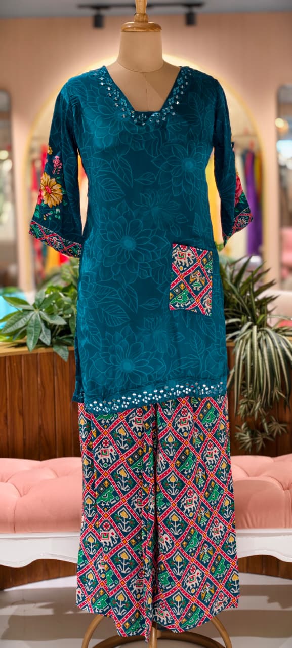 Rajasthani-Inspired Patchwork High-Contrast Printed Crepe Co-Ord Set (SLIGHTLY LEAN FIT)- 14542,44 RB342