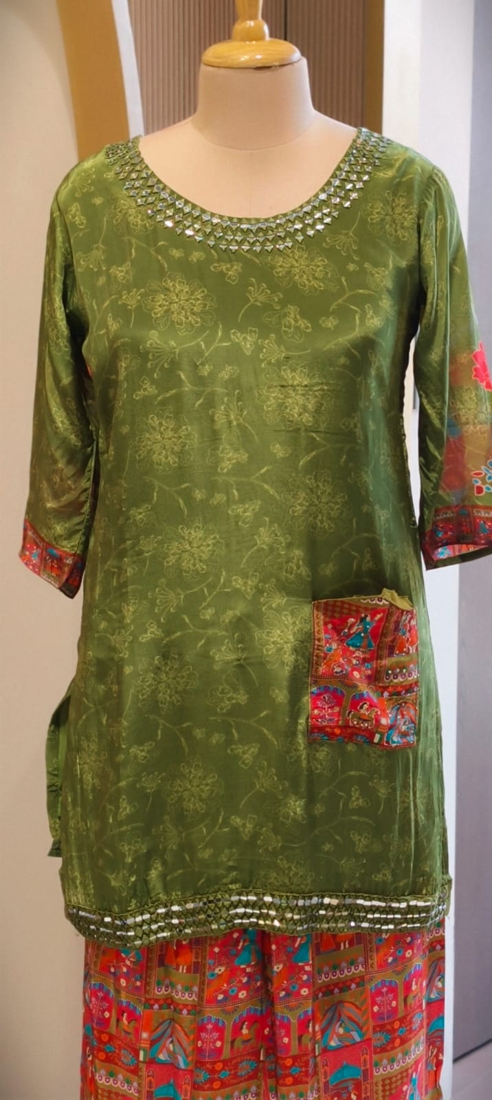 Olive Green Crepe Kurta with Mirror Work Neckline and Rajasthani Patchwork Detail Bottom (SLIGHTLY LEAN FIT)- 14548 RB340