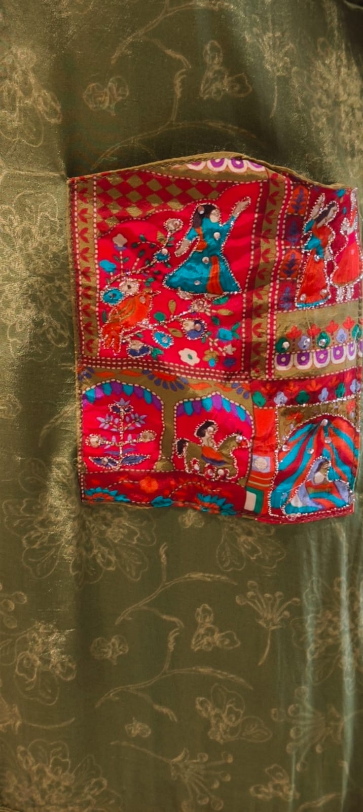 Olive Green Crepe Kurta with Mirror Work Neckline and Rajasthani Patchwork Detail Bottom (SLIGHTLY LEAN FIT)- 14548 RB340
