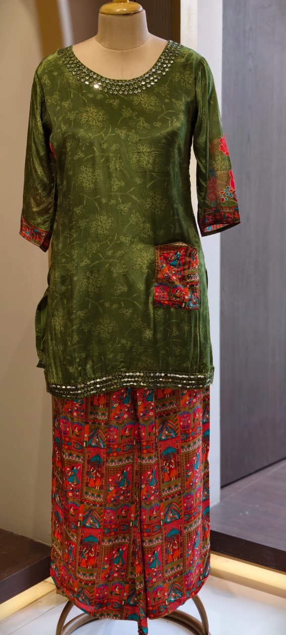 Olive Green Crepe Kurta with Mirror Work Neckline and Rajasthani Patchwork Detail Bottom (SLIGHTLY LEAN FIT)- 14548 RB340