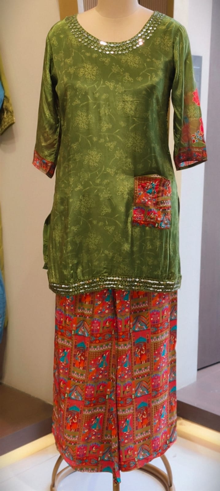 Olive Green Crepe Kurta with Mirror Work Neckline and Rajasthani Patchwork Detail Bottom (SLIGHTLY LEAN FIT)- 14548 RB340