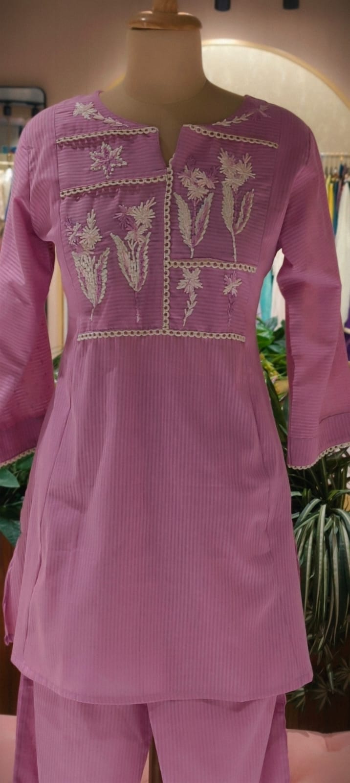Thread Embroidered Floral Striped Co-Ord Set with Lace Paneling- 14552 RB343