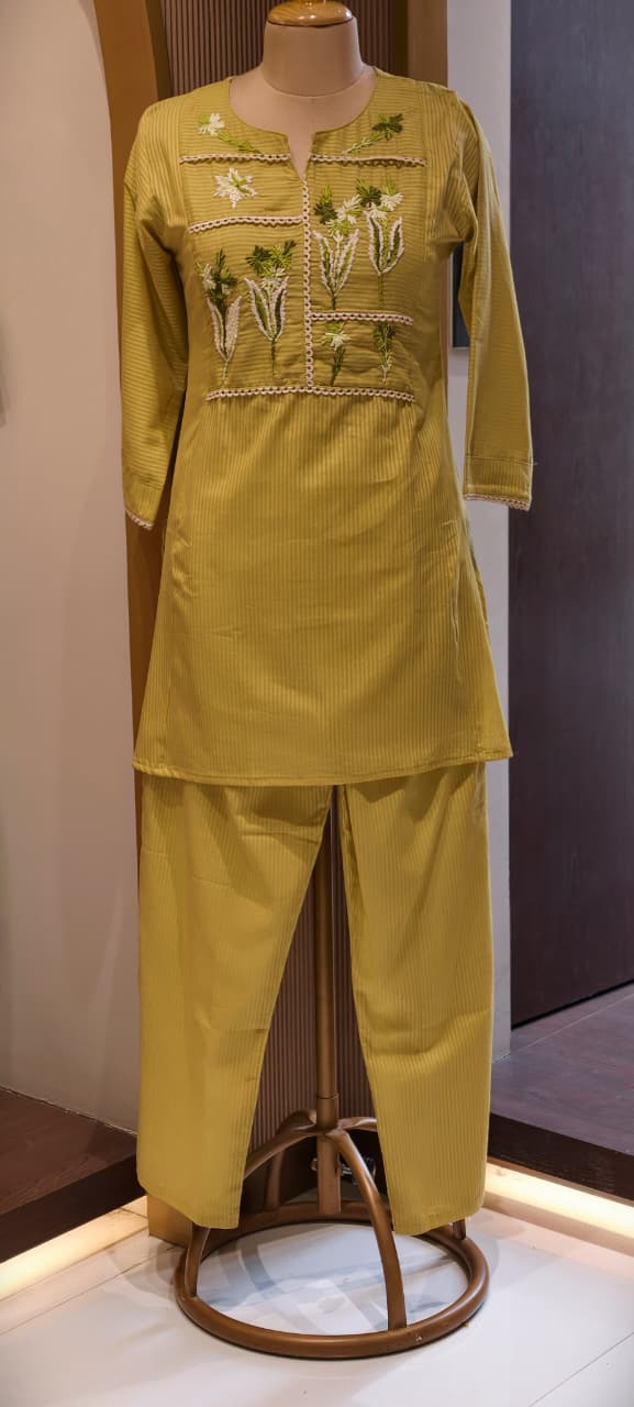 Thread Embroidered Floral Striped Co-Ord Set with Lace Paneling- 14552 RB343