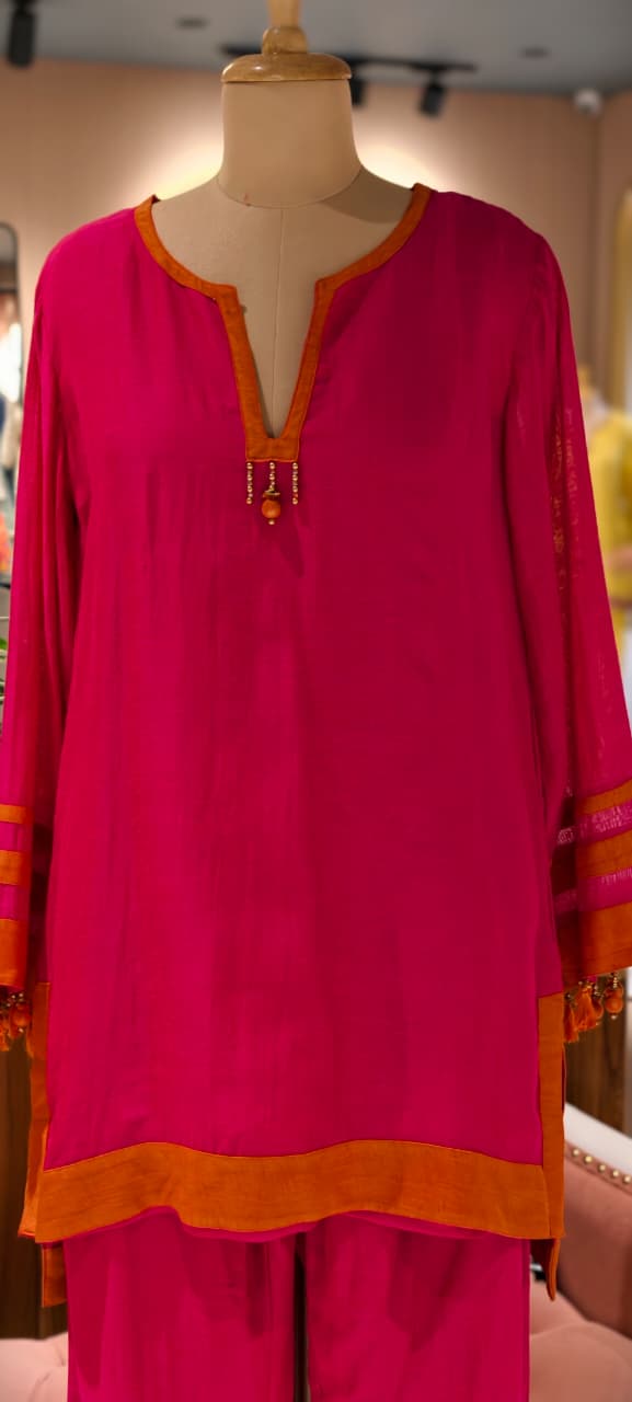 Solid Minimal Tassel Accent Border Highlights Matching Co-Ord Set In Cotton Fabric- 14532 RB347