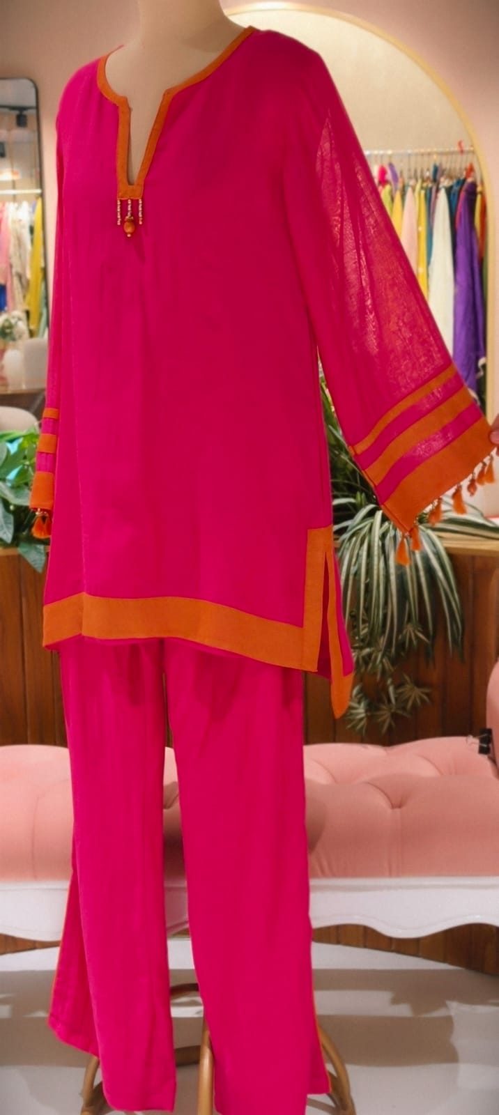 Solid Minimal Tassel Accent Border Highlights Matching Co-Ord Set In Cotton Fabric- 14532 RB347