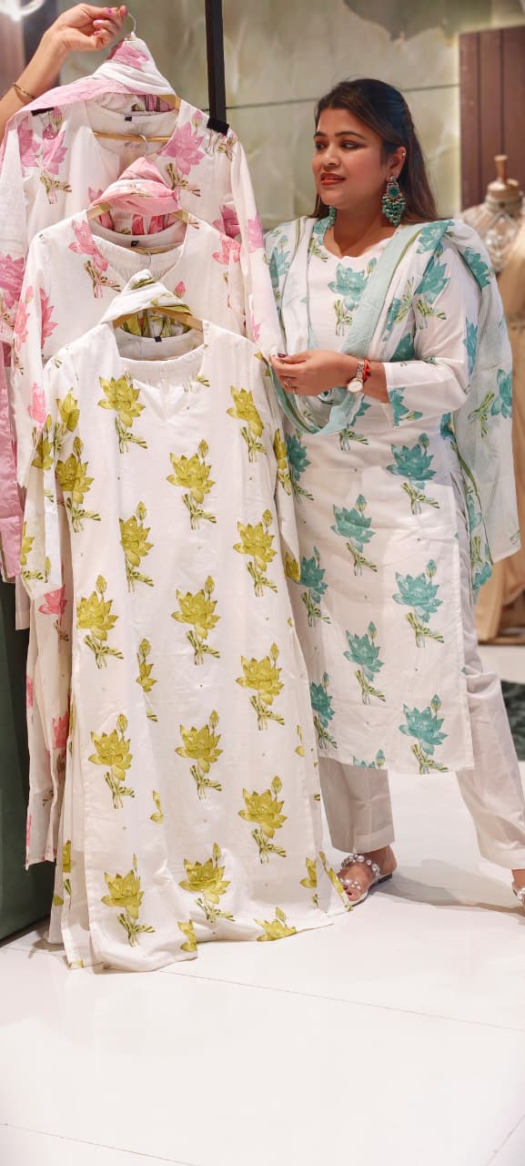 Graceful Lotus Bloom Printed Pastel Cotton Full Suit Set With Kota Doria Dupatta- 14535 RB350