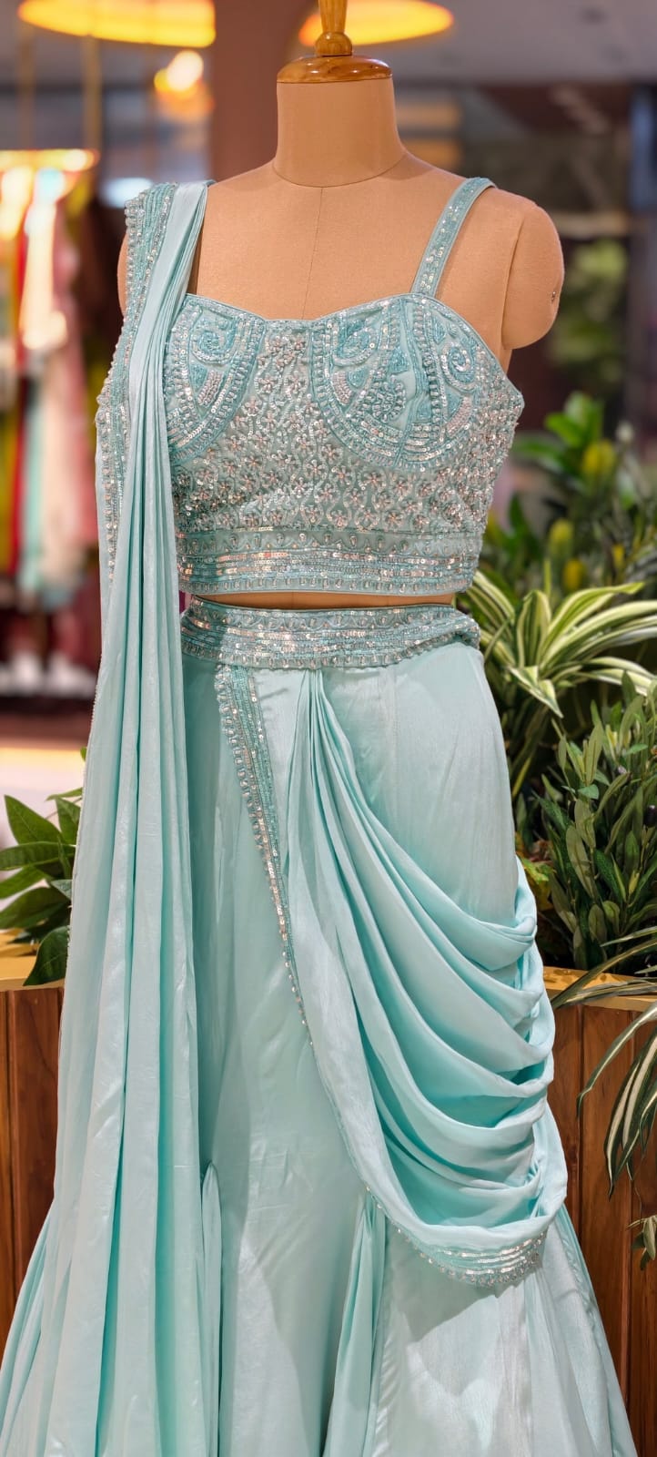 Designer Sky Blue Heavily Embellished Crop Top with Pre-Draped Draped Saree Style Lehenga - 14090