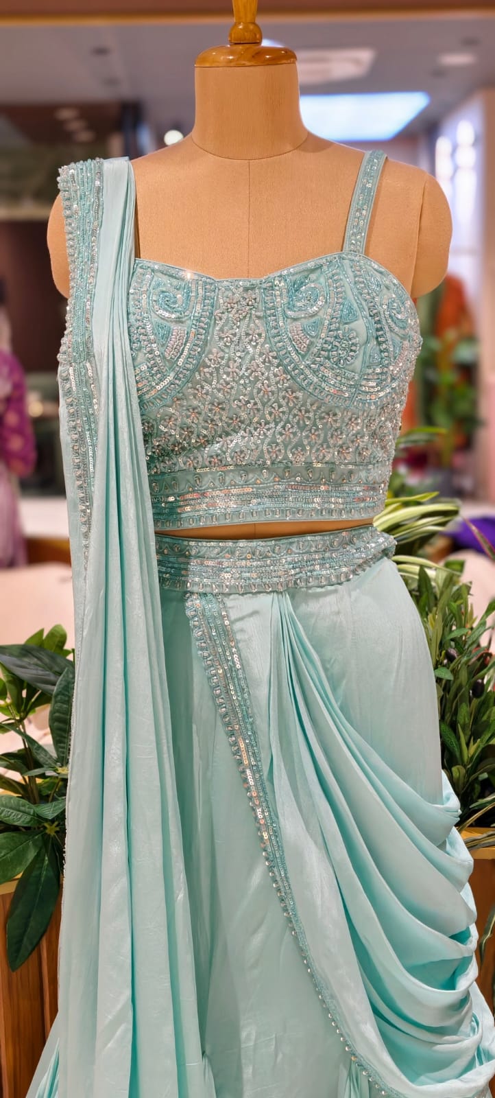 Designer Sky Blue Heavily Embellished Crop Top with Pre-Draped Draped Saree Style Lehenga - 14090