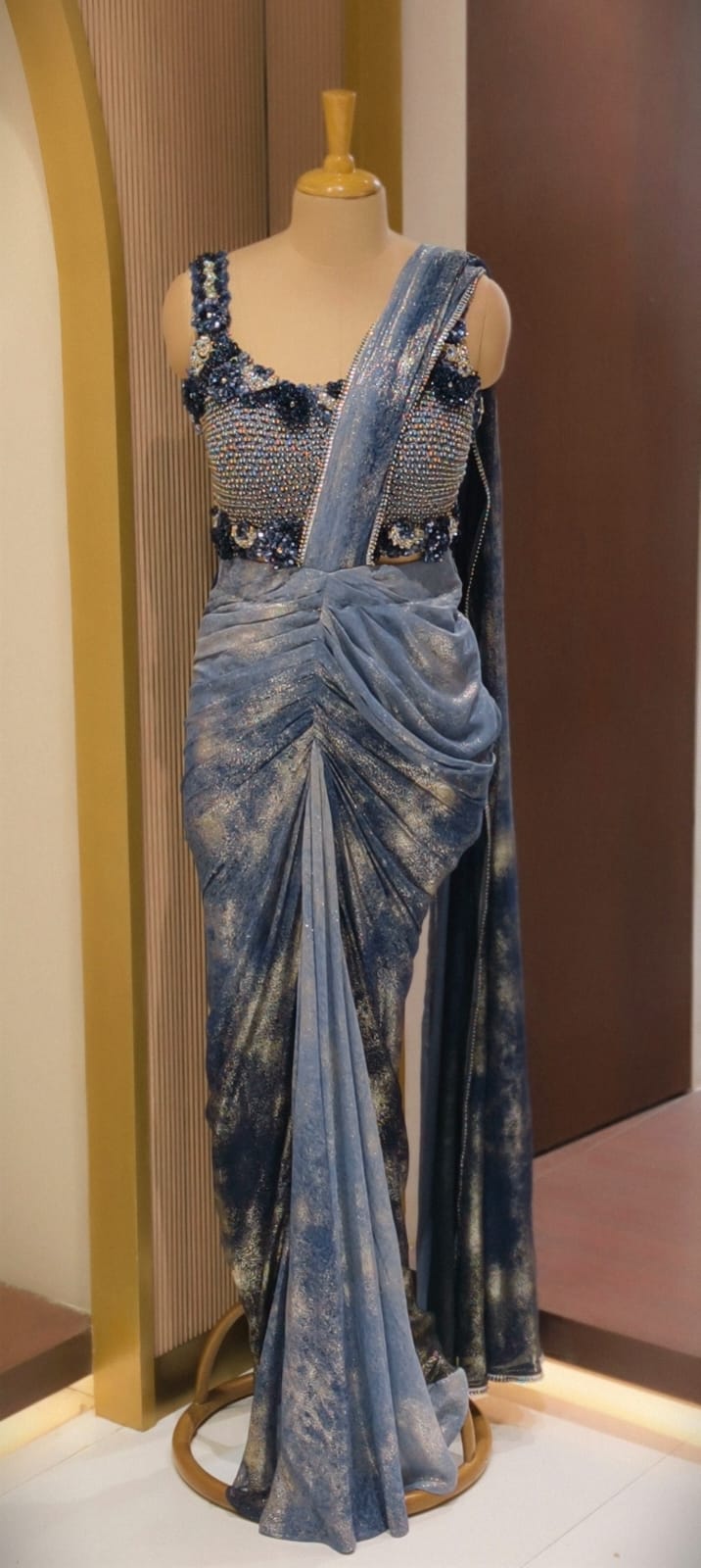 Designer Slate Blue Pre-Draped Silhouette Ruffle Saree with Heavy 3D Floral Embellished Blouse- 14236