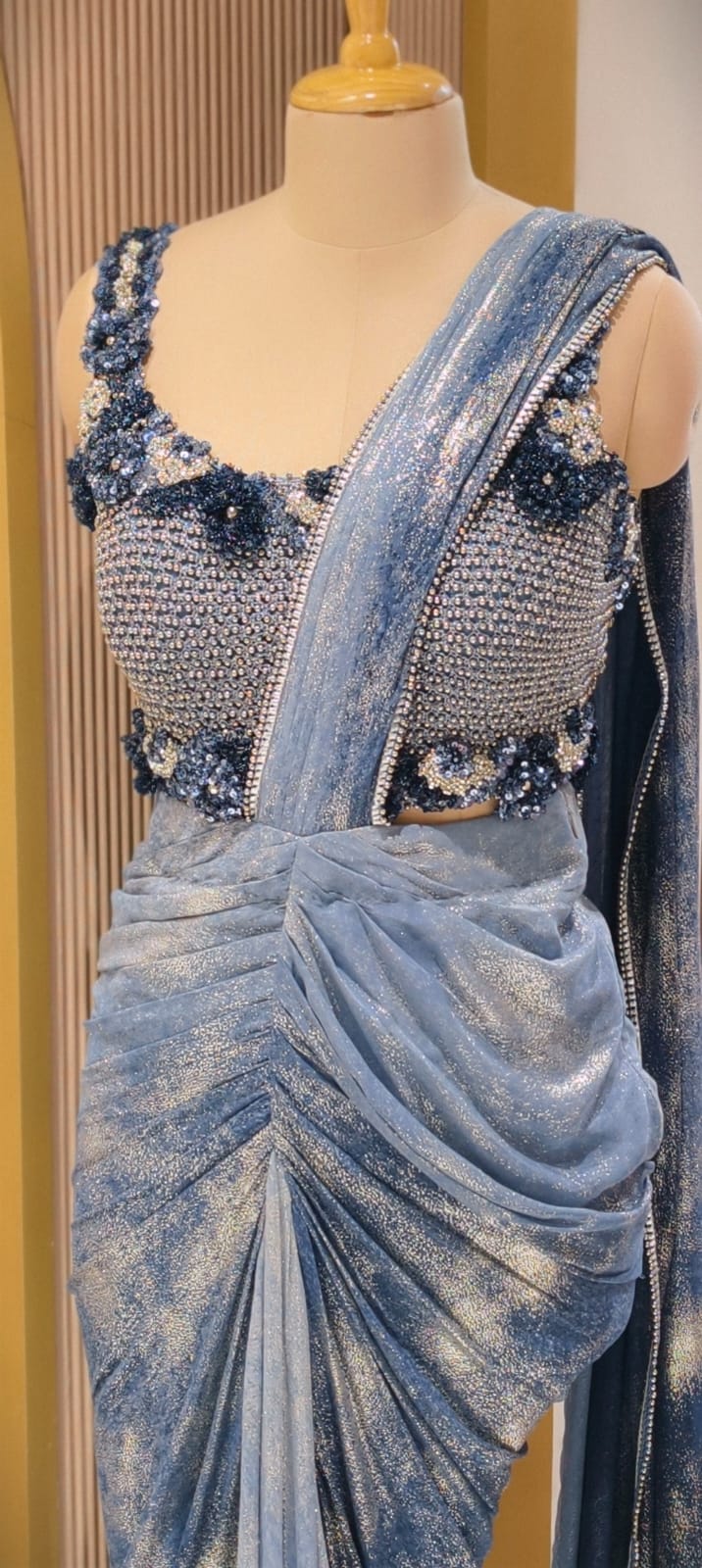 Designer Slate Blue Pre-Draped Silhouette Ruffle Saree with Heavy 3D Floral Embellished Blouse- 14236