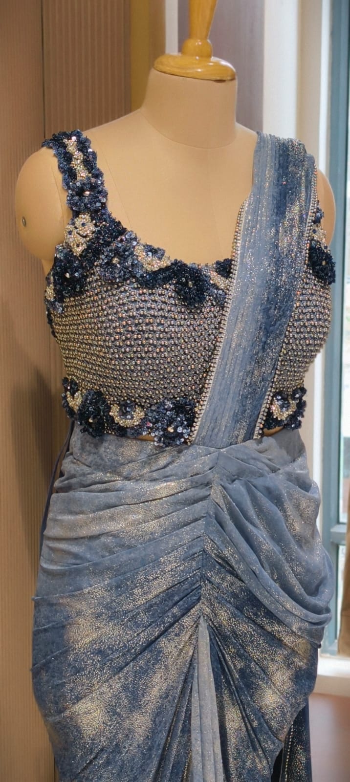 Designer Slate Blue Pre-Draped Silhouette Ruffle Saree with Heavy 3D Floral Embellished Blouse- 14236