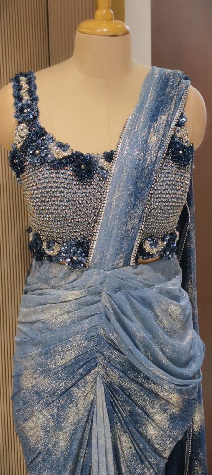 Designer Slate Blue Pre-Draped Silhouette Ruffle Saree with Heavy 3D Floral Embellished Blouse- 14236