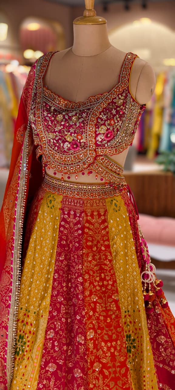 Exquisite Multi-Color Panelled Silk Lehenga Choli with Heavy Mirror Work & Floral Zardosi Embroidery- 14232