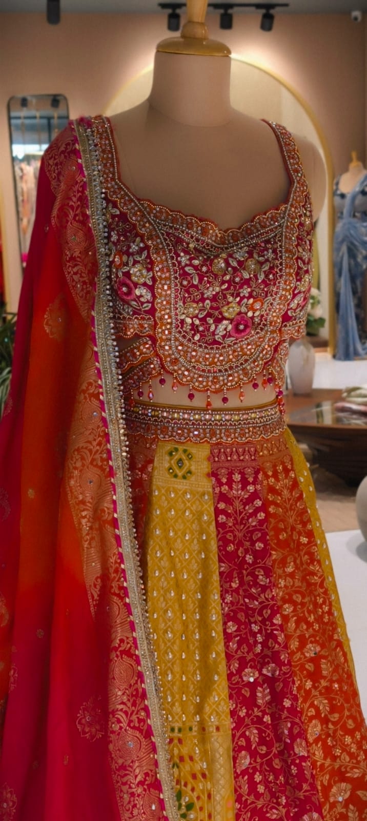 Exquisite Multi-Color Panelled Silk Lehenga Choli with Heavy Mirror Work & Floral Zardosi Embroidery- 14232