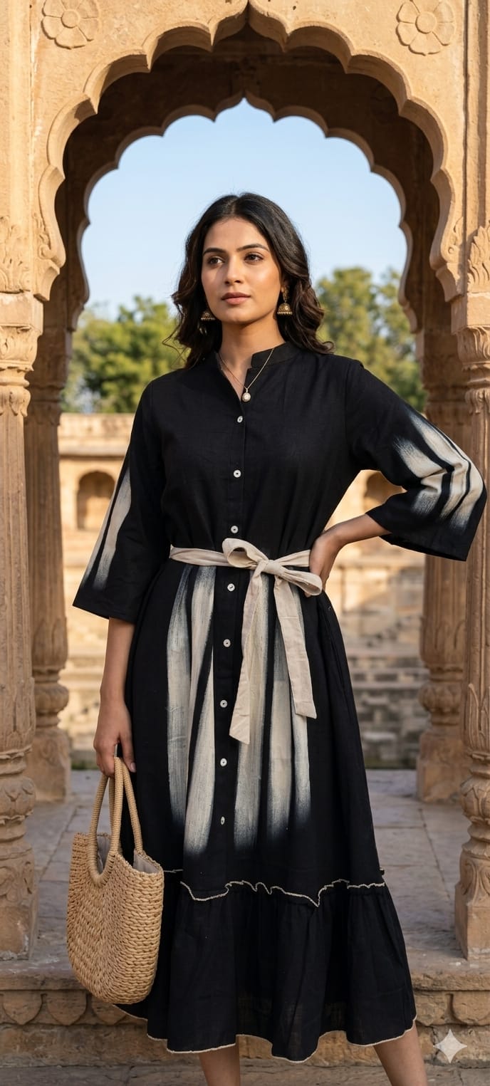 Glamnight Abstract Brushstroke A-Line Frock with Contrast Waist Tie and Ruffled Hemline- 14575 RB397