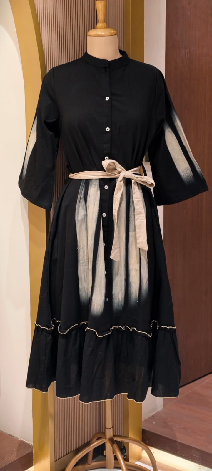 Glamnight Abstract Brushstroke A-Line Frock with Contrast Waist Tie and Ruffled Hemline- 14575 RB397