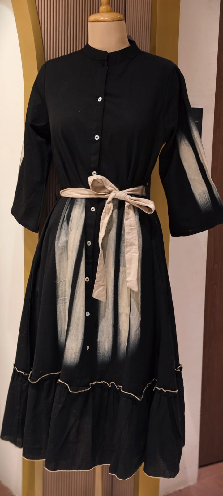 Glamnight Abstract Brushstroke A-Line Frock with Contrast Waist Tie and Ruffled Hemline- 14575 RB397