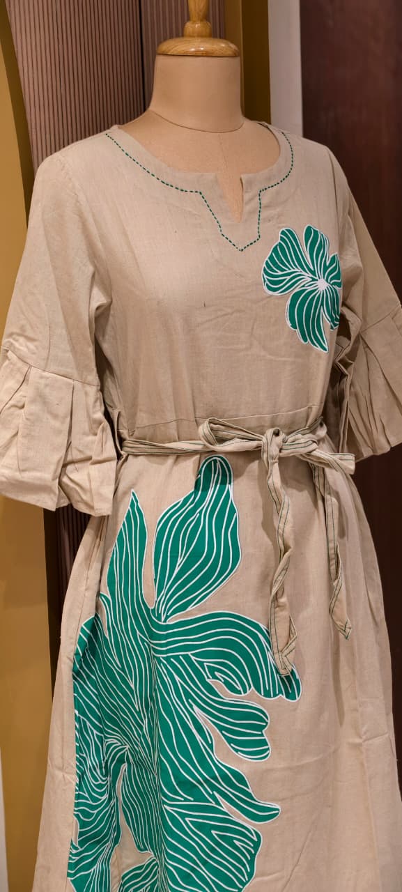 Aqua Bloom Bold Botanical Patchwork A-Line Frock with Flared Sleeves and Waist Tie- 14572 RB398