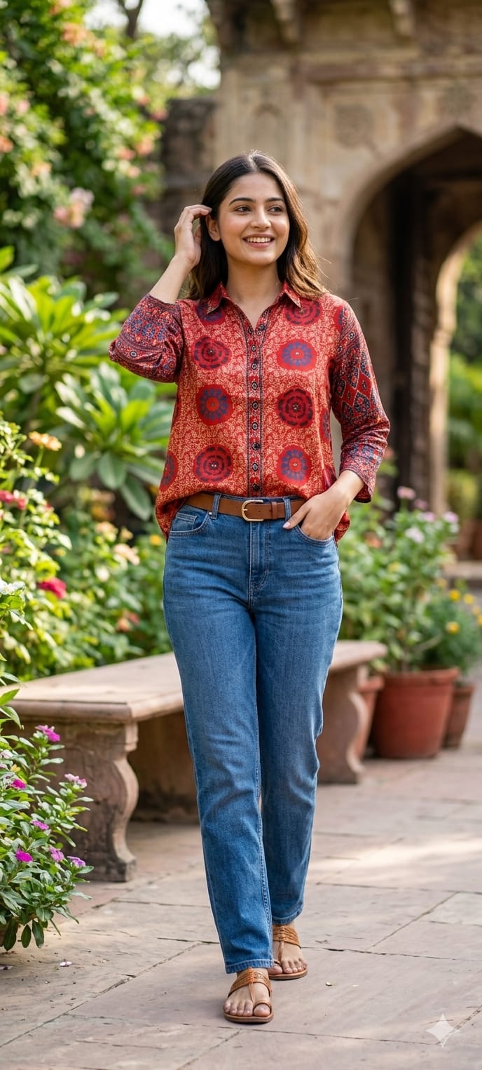 Crepe Canvas Monochrome Ajrakh Print Casual Shirts-14611 RB352
