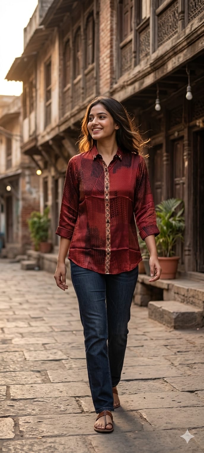 Crepe Canvas Monochrome Ajrakh Print Casual Shirts-14611 RB352