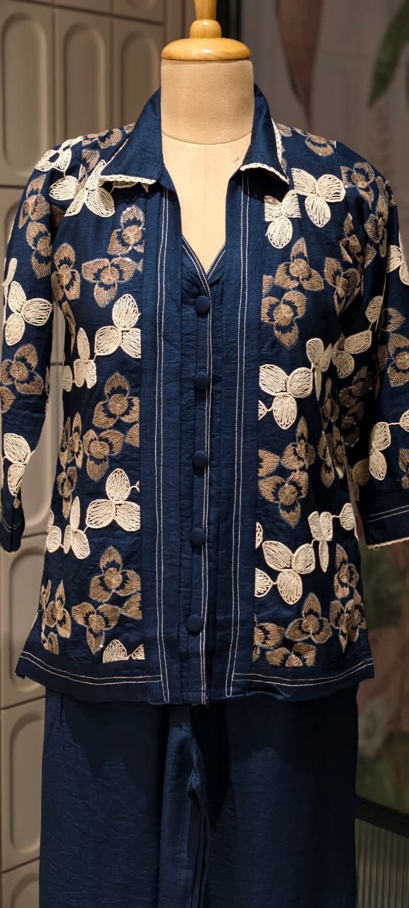 Fine Floral Thread Embroidery Attached Jacket Look Cotton Co-Ord Sets- 14601 RB361