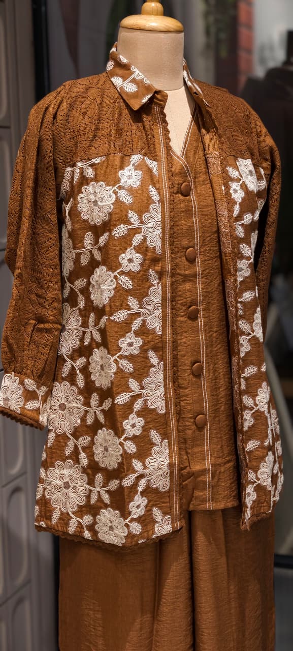 Fine Floral Thread Embroidery Attached Jacket Look Cotton Co-Ord Sets- 14601 RB361