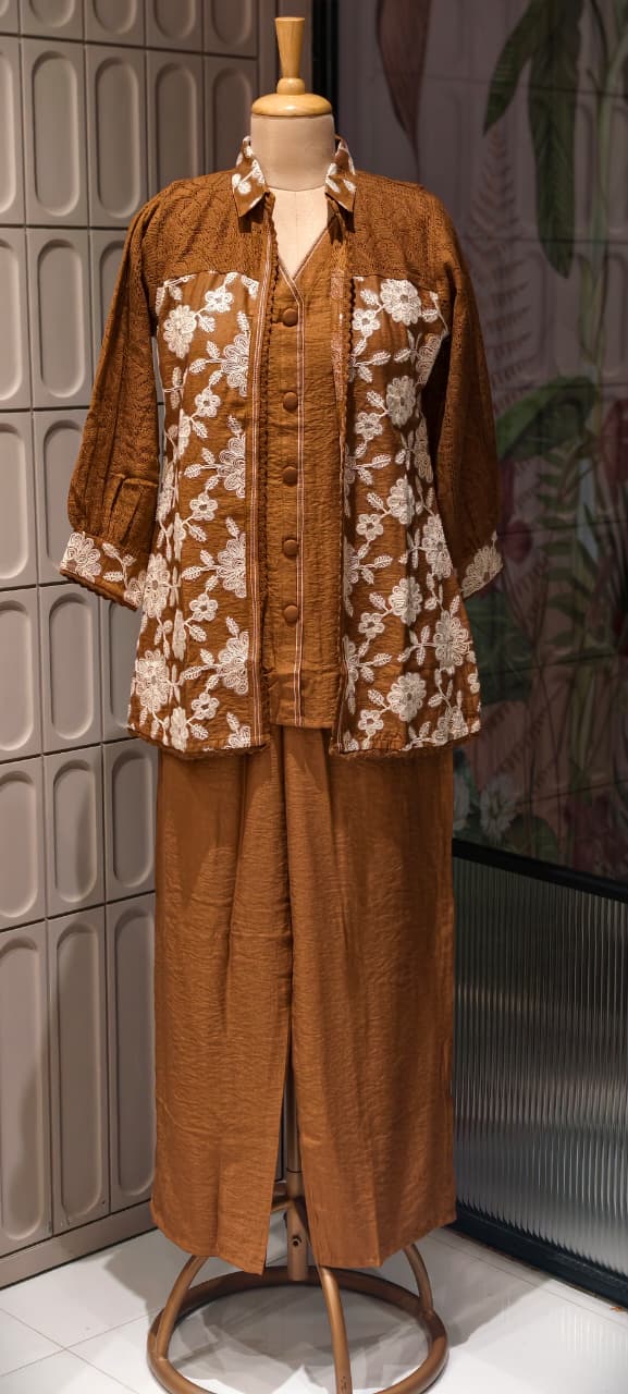 Fine Floral Thread Embroidery Attached Jacket Look Cotton Co-Ord Sets- 14601 RB361