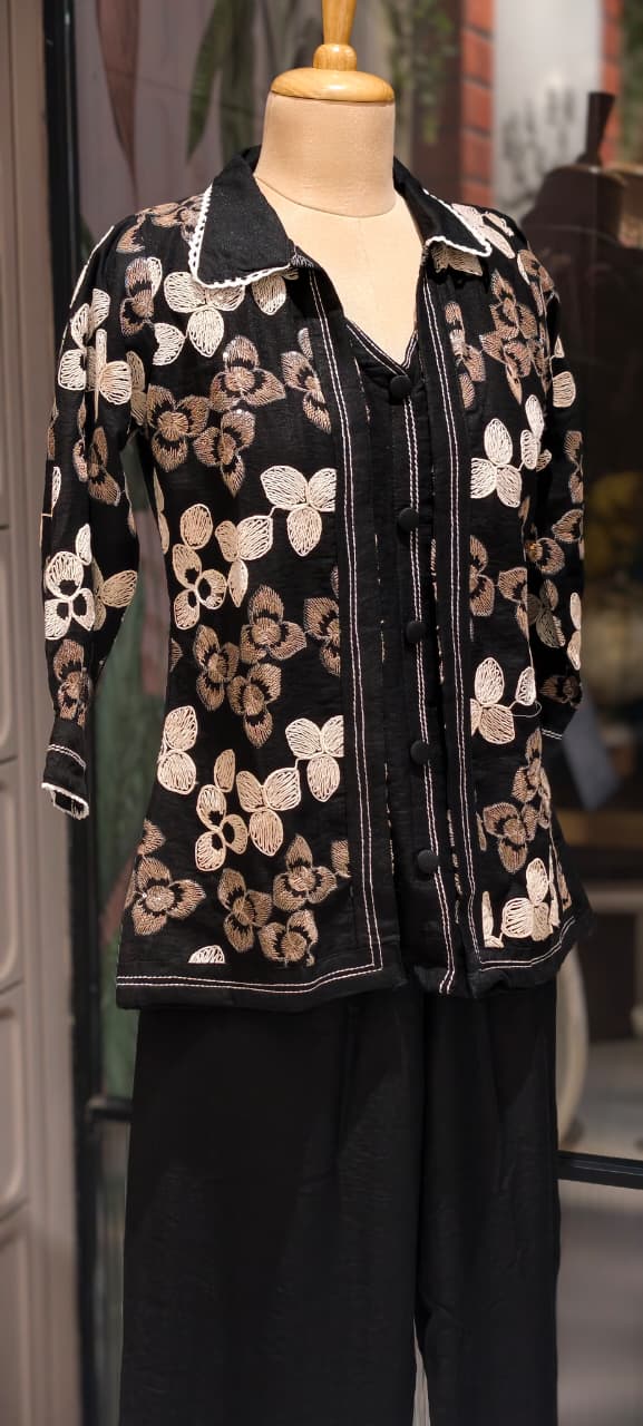 Fine Floral Thread Embroidery Attached Jacket Look Cotton Co-Ord Sets- 14601 RB361