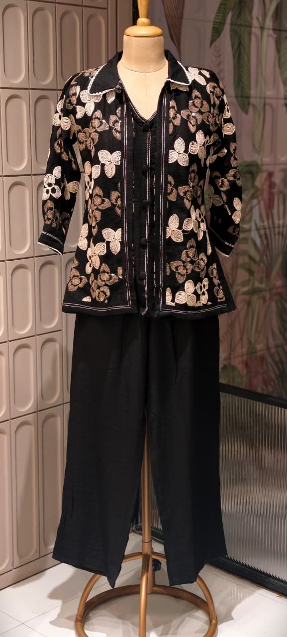 Fine Floral Thread Embroidery Attached Jacket Look Cotton Co-Ord Sets- 14601 RB361