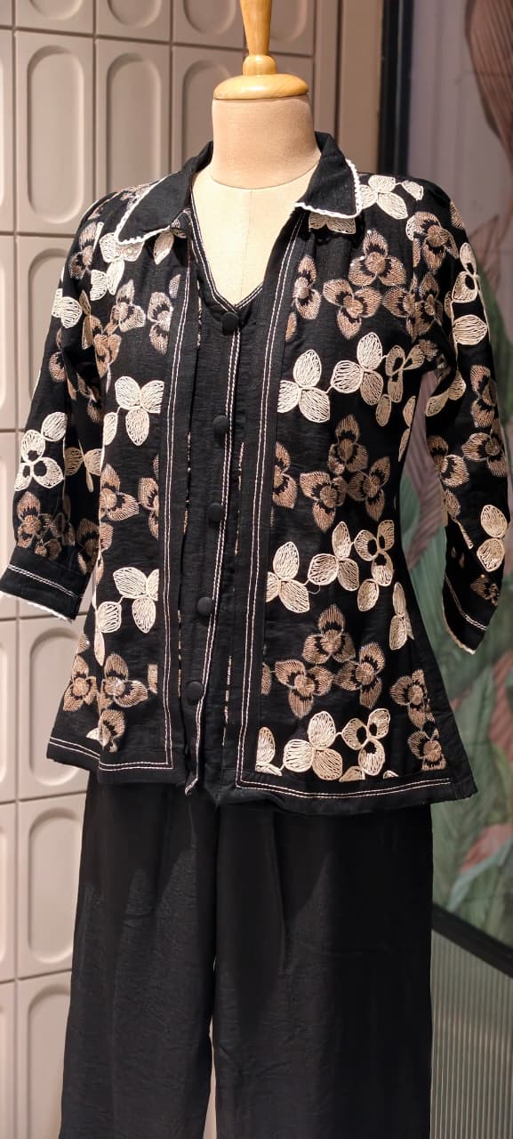 Fine Floral Thread Embroidery Attached Jacket Look Cotton Co-Ord Sets- 14601 RB361