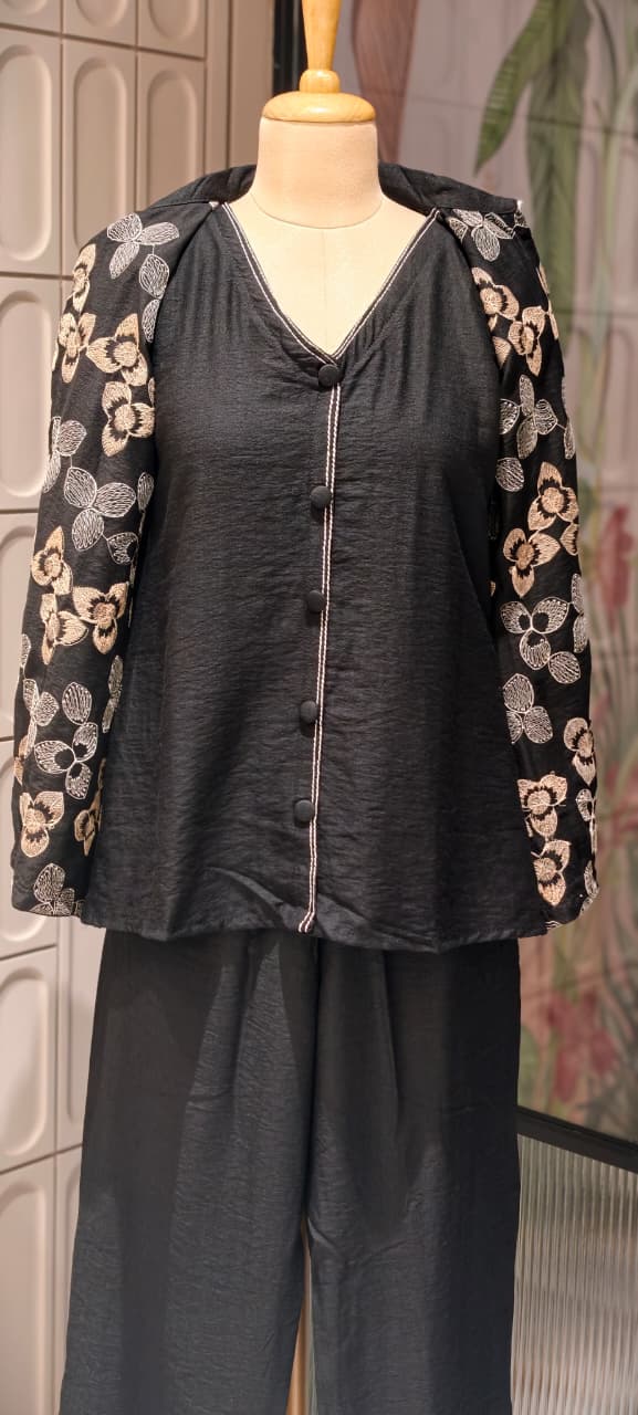 Fine Floral Thread Embroidery Attached Jacket Look Cotton Co-Ord Sets- 14601 RB361