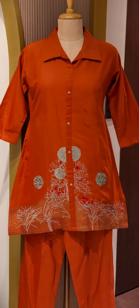 Vibrant Rustic Charm Intricate Floral Embroidery Flex Cotton Co-Ord Set- 14594 RB364