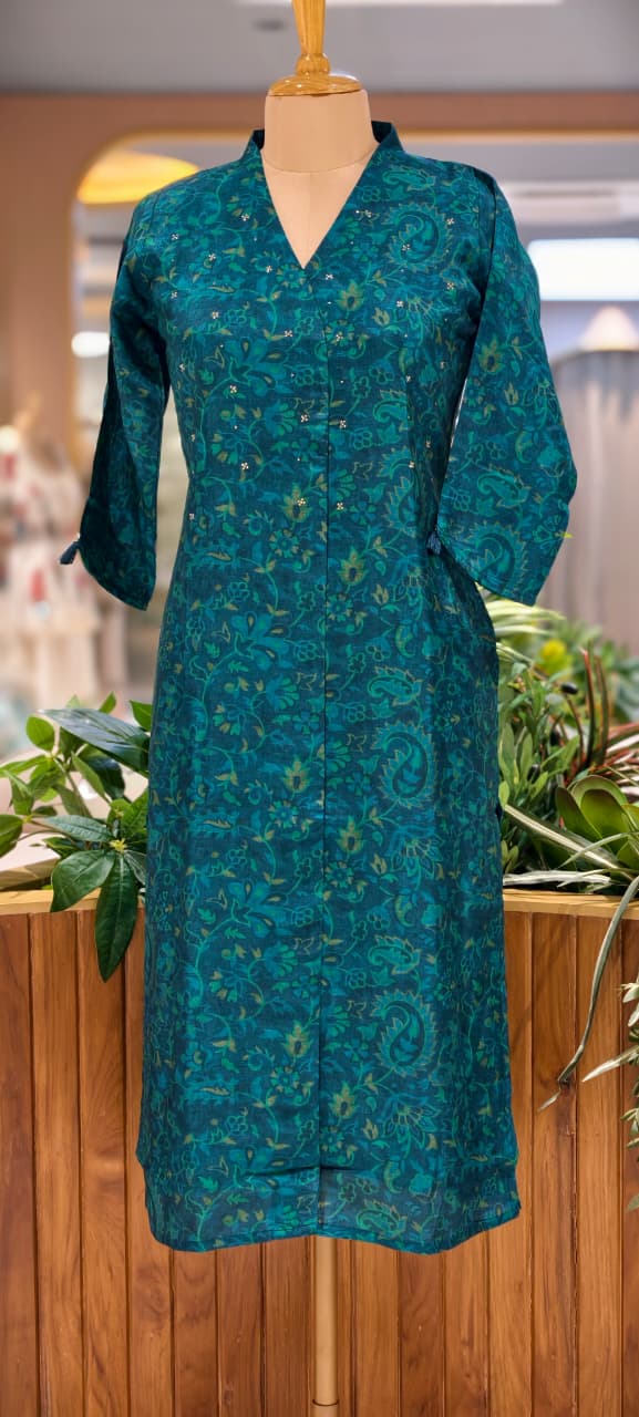 Solid Shade Light Print Golden Reinstone Highlight A-Line Russian Silk Long Kurti Only- 14618,19 RB358 LEAN FIT