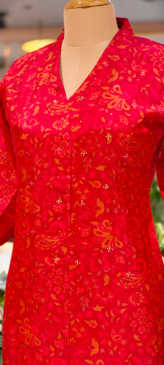 Solid Shade Light Print Golden Reinstone Highlight A-Line Russian Silk Long Kurti Only- 14618,19 RB358 LEAN FIT