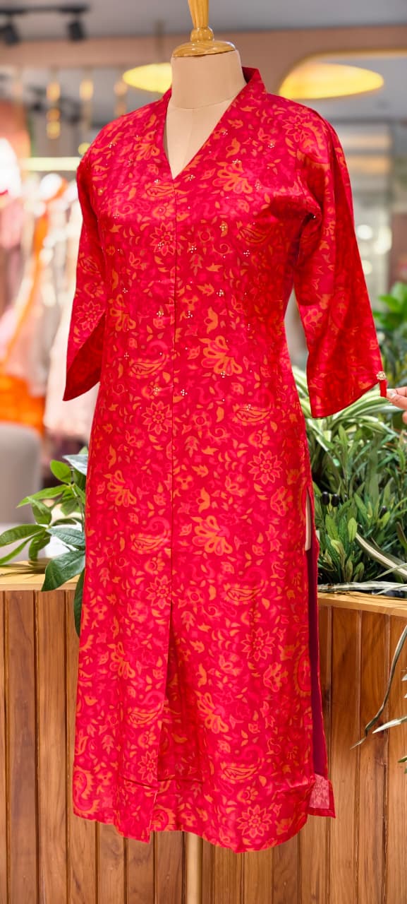 Solid Shade Light Print Golden Reinstone Highlight A-Line Russian Silk Long Kurti Only- 14618,19 RB358 LEAN FIT