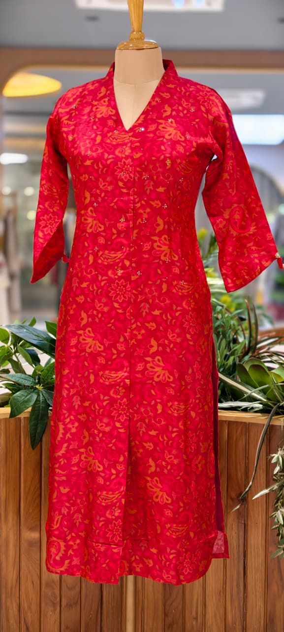 Solid Shade Light Print Golden Reinstone Highlight A-Line Russian Silk Long Kurti Only- 14618,19 RB358 LEAN FIT