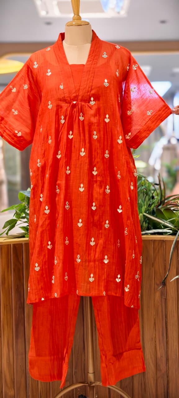 Banarasi Mul Chanderi Light Weight Golden Gotta Highlights Over Sized A-Line Kurta Pant Set- 14570 RB363