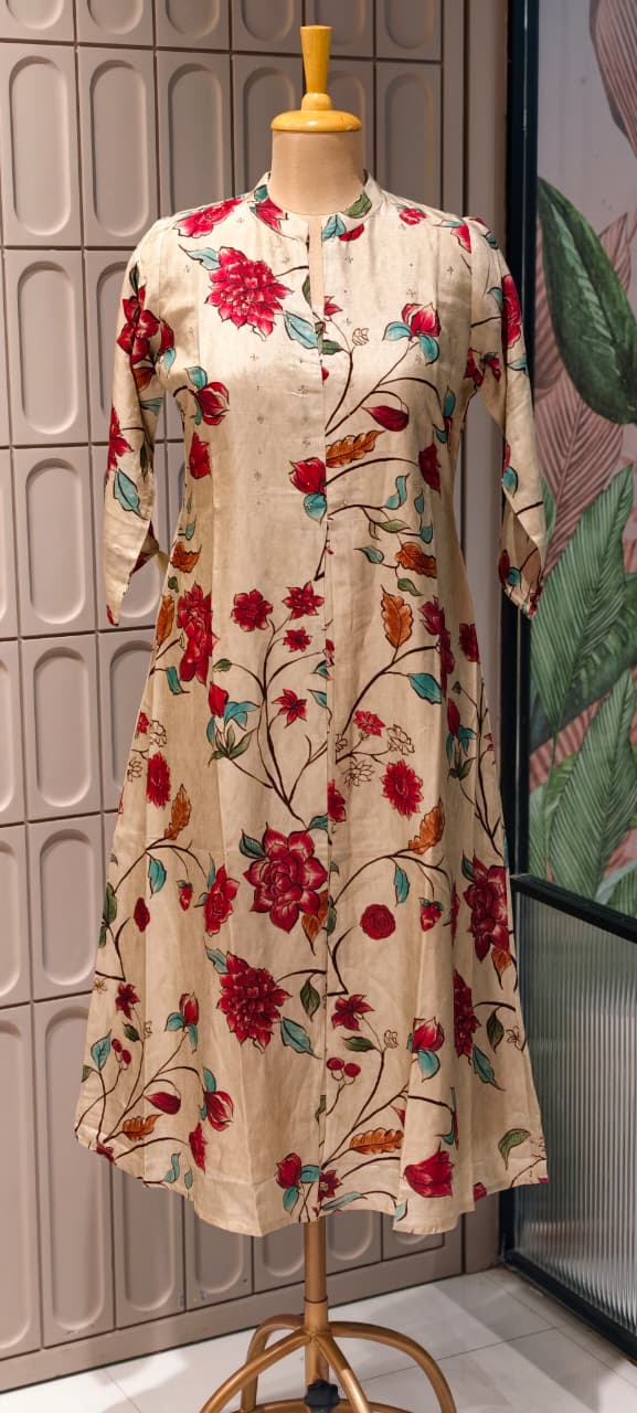 Digital Floral Branch Print Off White Background A-Line Dola Silk Casual Frock- 14627 RB448