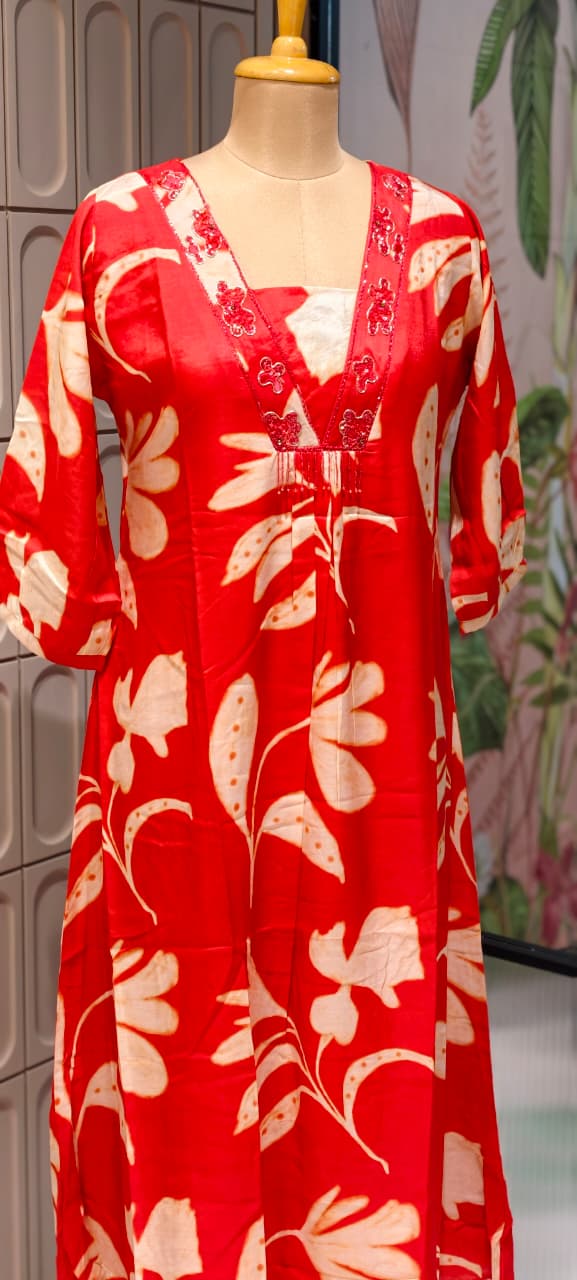 Melodic Printed Cut-Dana Neck Line Tassel Accent Russian Silk Daily Wear Frock- 14715, 14716  RB447