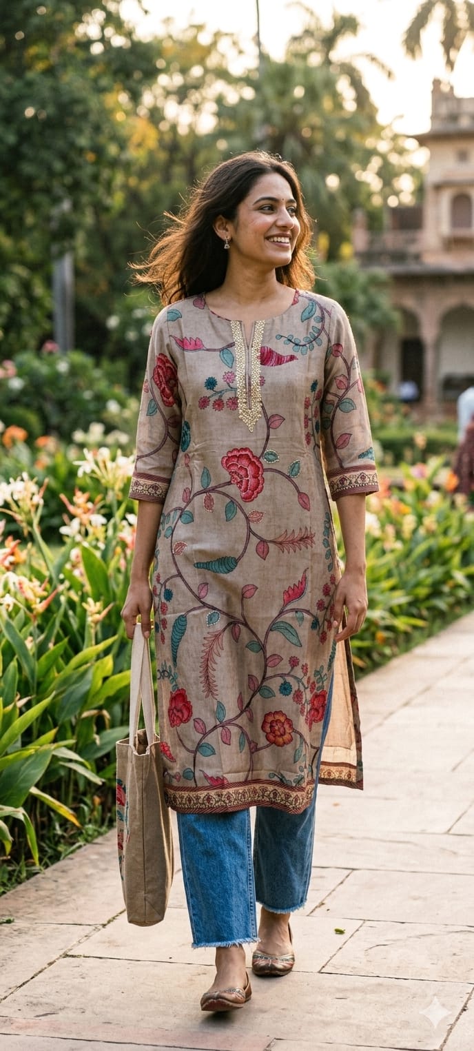 Zardosi Neckline Blossom Floral Print Russian Casual Wear Silk Kurti Only- 14717 RB384 LEAN FIT BOOK NEXT SIZE