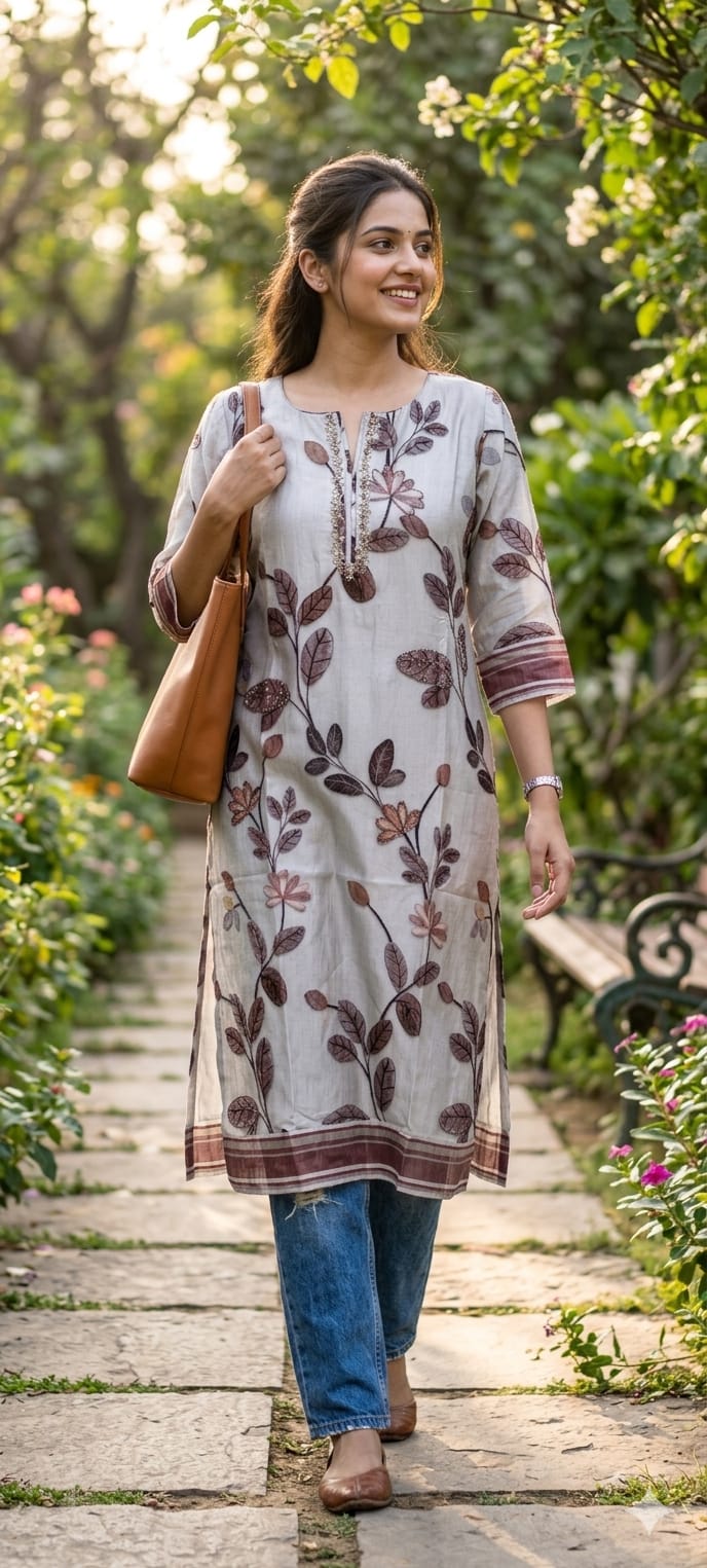 Zardosi Neckline Blossom Floral Print Russian Casual Wear Silk Kurti Only- 14717 RB384 LEAN FIT BOOK NEXT SIZE