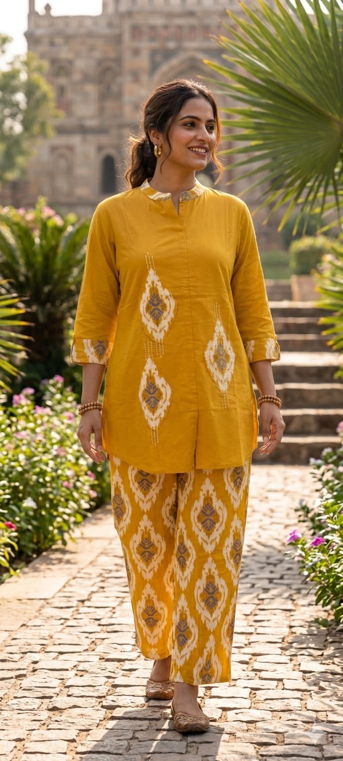 Cotton Ikat Co-Ord Set with V-Notch Kurta and Straight-Fit Pants- 14656 RB482