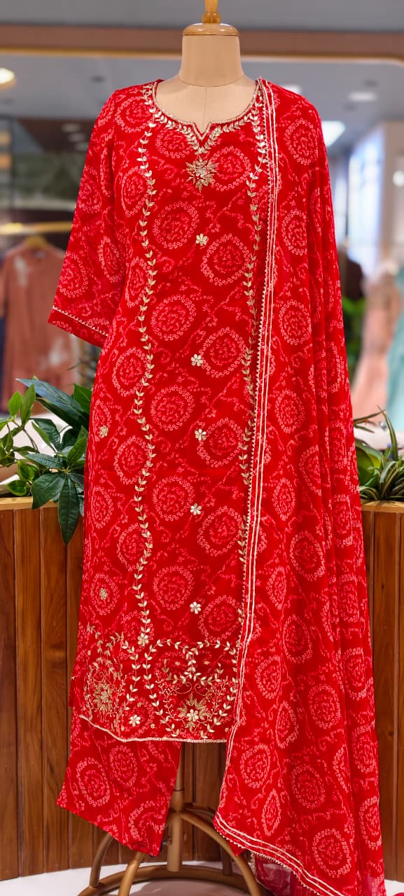 Premium Georgette Pure Gotta Patti Work Vibrant Bandhej Full Suit Set With Dupatta- 14539 RB385