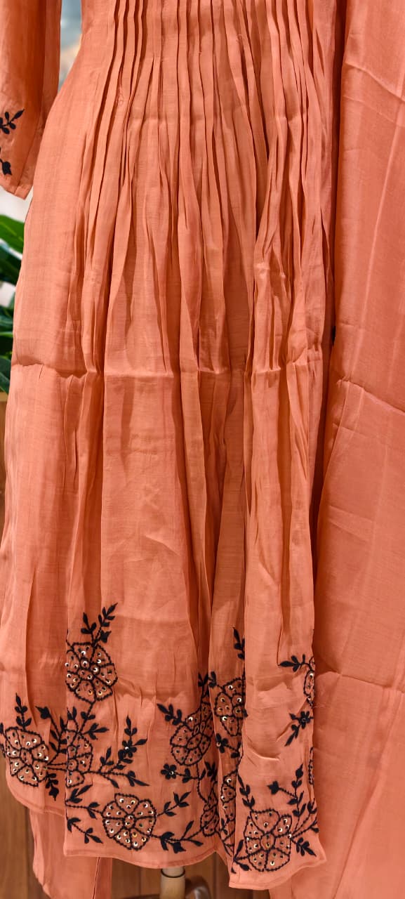 Surat Mul Chanderi Intricate Fine Embroidery Pleated A-Line Solid Full Suit Set With Dupatta- 14677 RB392