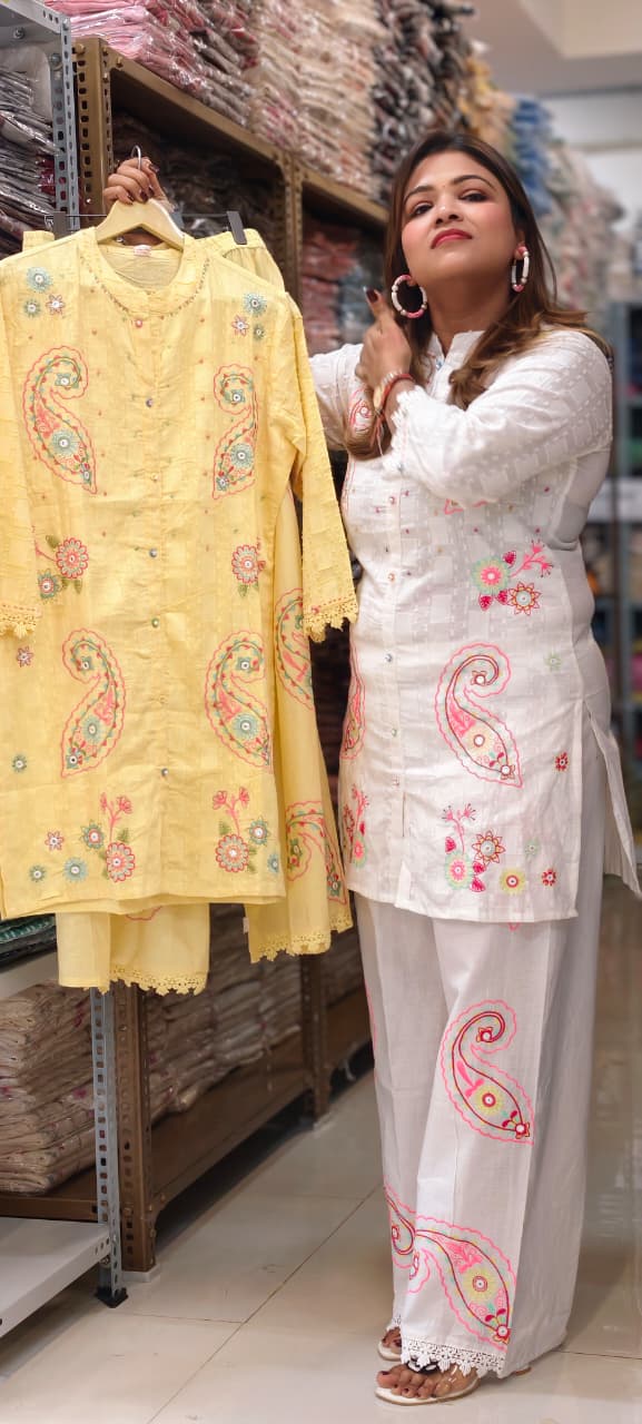 Mango Buti Multicolor Embroidery Matching Mul Cotton Co-Ord Set With Minimal Lace Touch- 14727 RB376