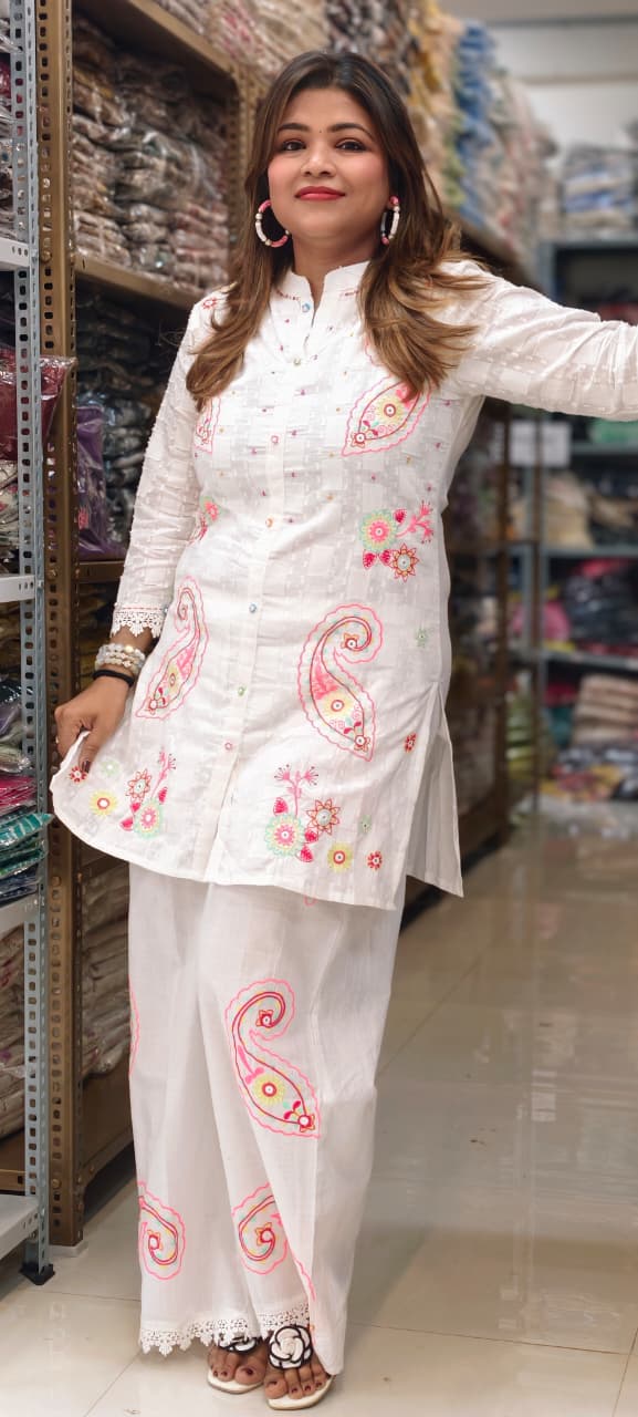 Mango Buti Multicolor Embroidery Matching Mul Cotton Co-Ord Set With Minimal Lace Touch- 14727 RB376