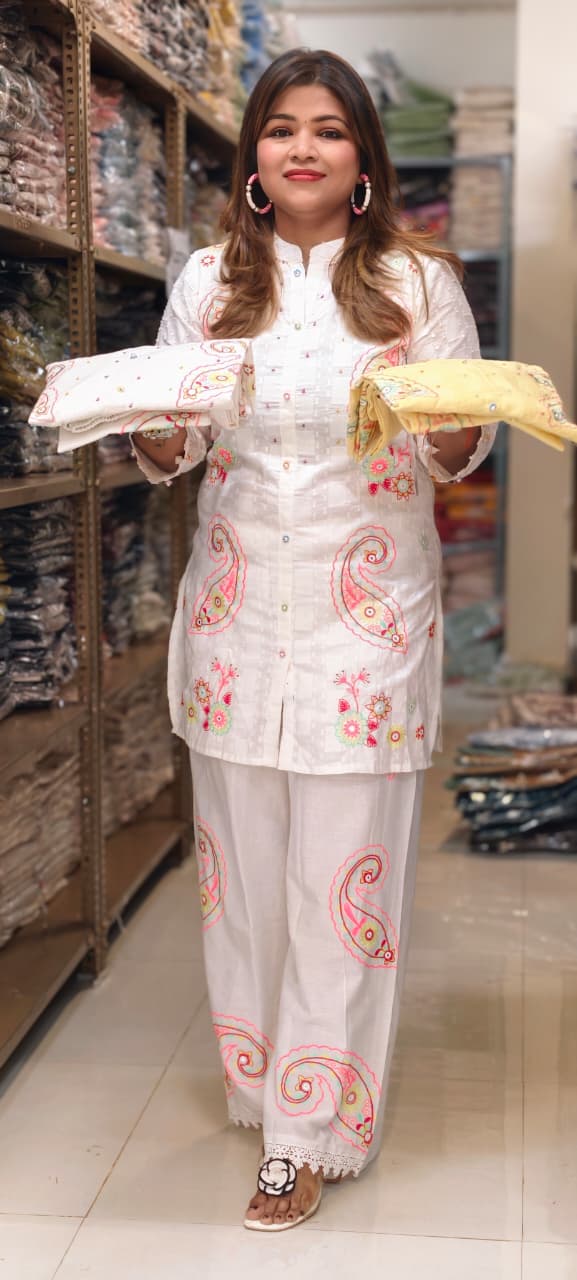 Mango Buti Multicolor Embroidery Matching Mul Cotton Co-Ord Set With Minimal Lace Touch- 14727 RB376