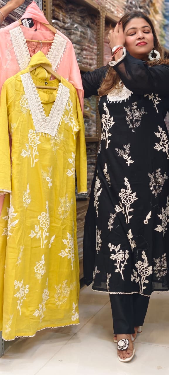 Crosia Pearl Tasseled Neckline Fine Floral Embroidery A-Line Mul Cotton Full Suit Set With Dupatta- 14733 (Loose Fit) RB391