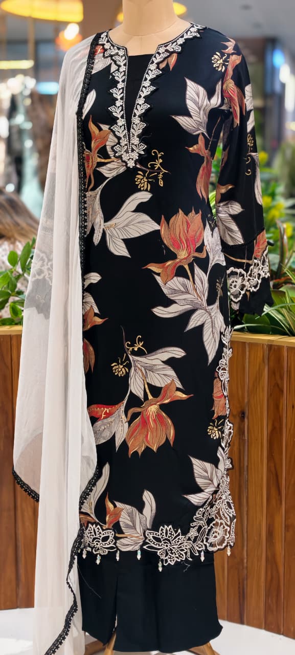 Pure Pakistani Look Floral Embroidery With Cut-Work Tassel Bold German Rayon Full Suit Set With Dupatta- 14674 RB386