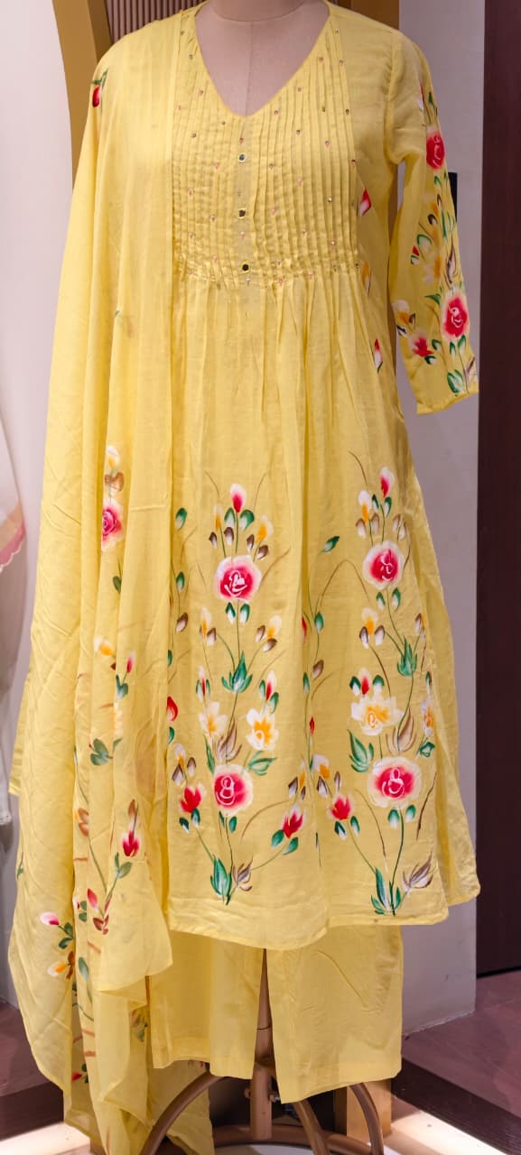Floral Gardenia Blossom Print Pleated Yoke A-Line Mul Cotton Full Suit Set With Dupatta- 14737 RB388
